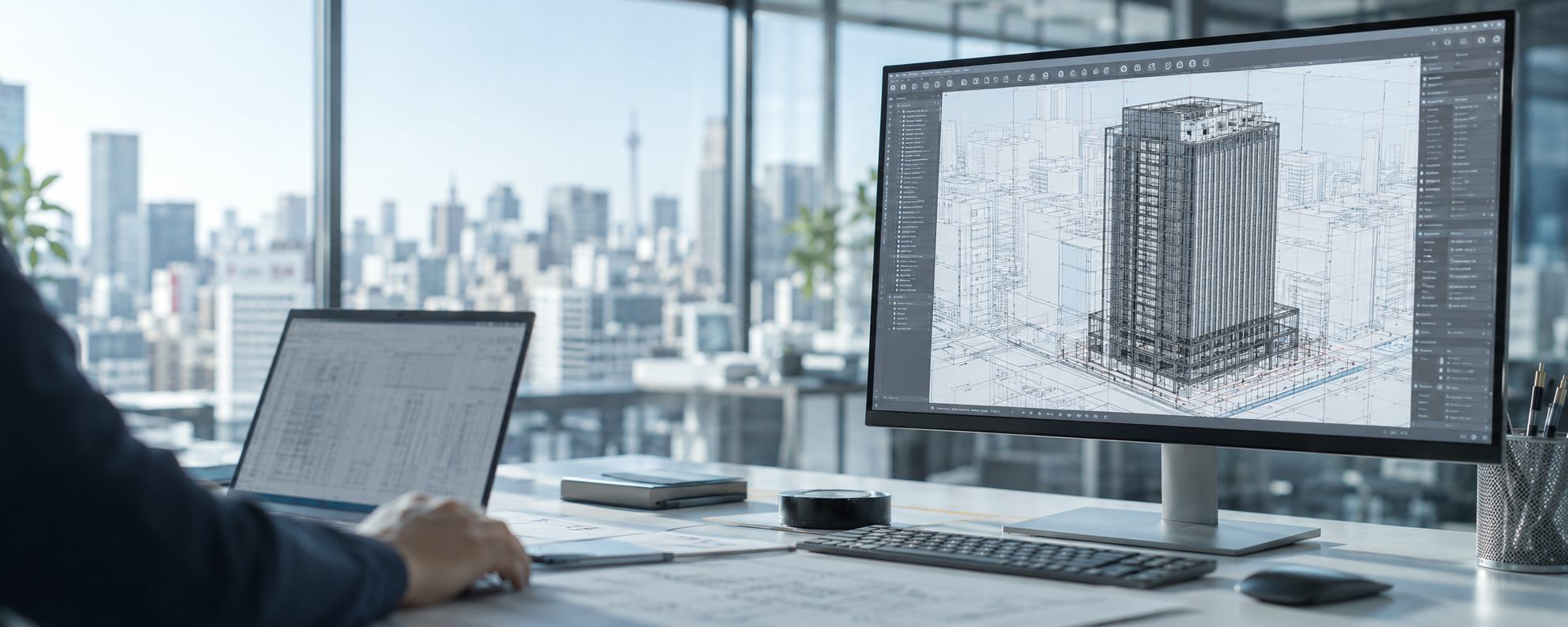 高層ビルのBIMモデルが表示されたモニターとオフィスの窓景